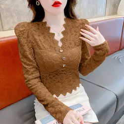 Spring Autumn Women's Pullover Lace Button Floral Patchwork Long Sleeve Asymmetrical T-shirt Casual Elegant Undershirt Tops