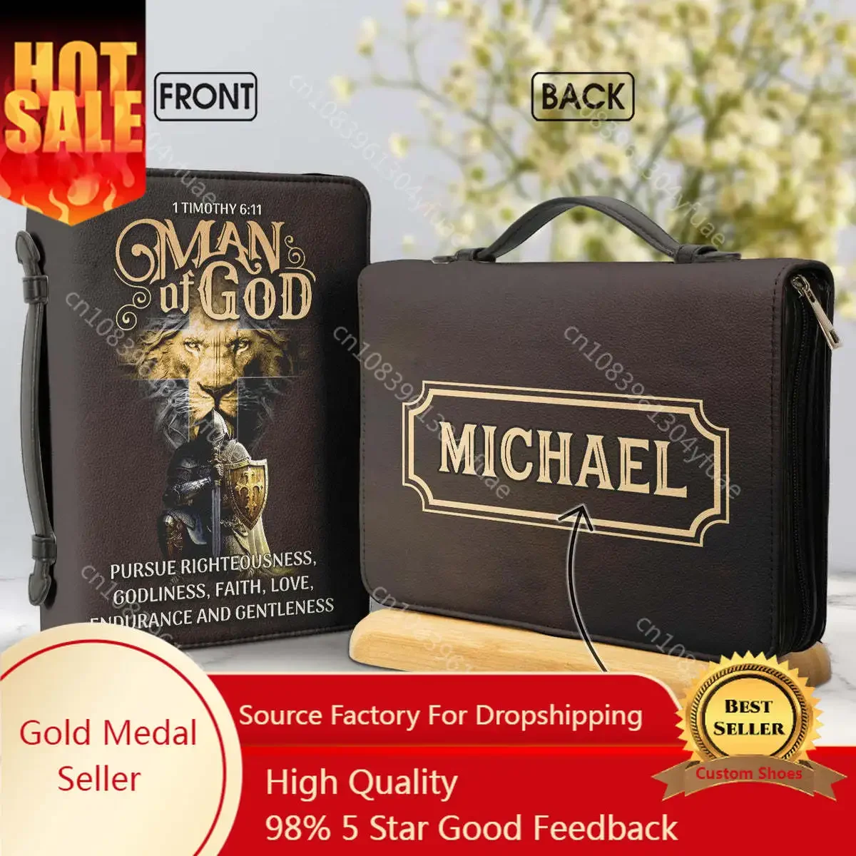 Christianity Church Bible Bag Man Of God 1 Timothy 6 11 Lion Warrior Verse Design Bible Cover Case PU Handbags Study Book Boxes