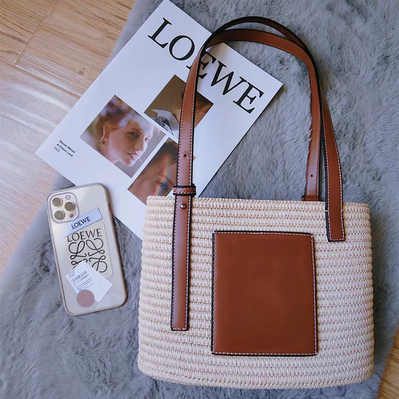 hand-woven Luojia straw bag hand bill shoulder cotton straw bag artificial leather material bag accessories handles and label