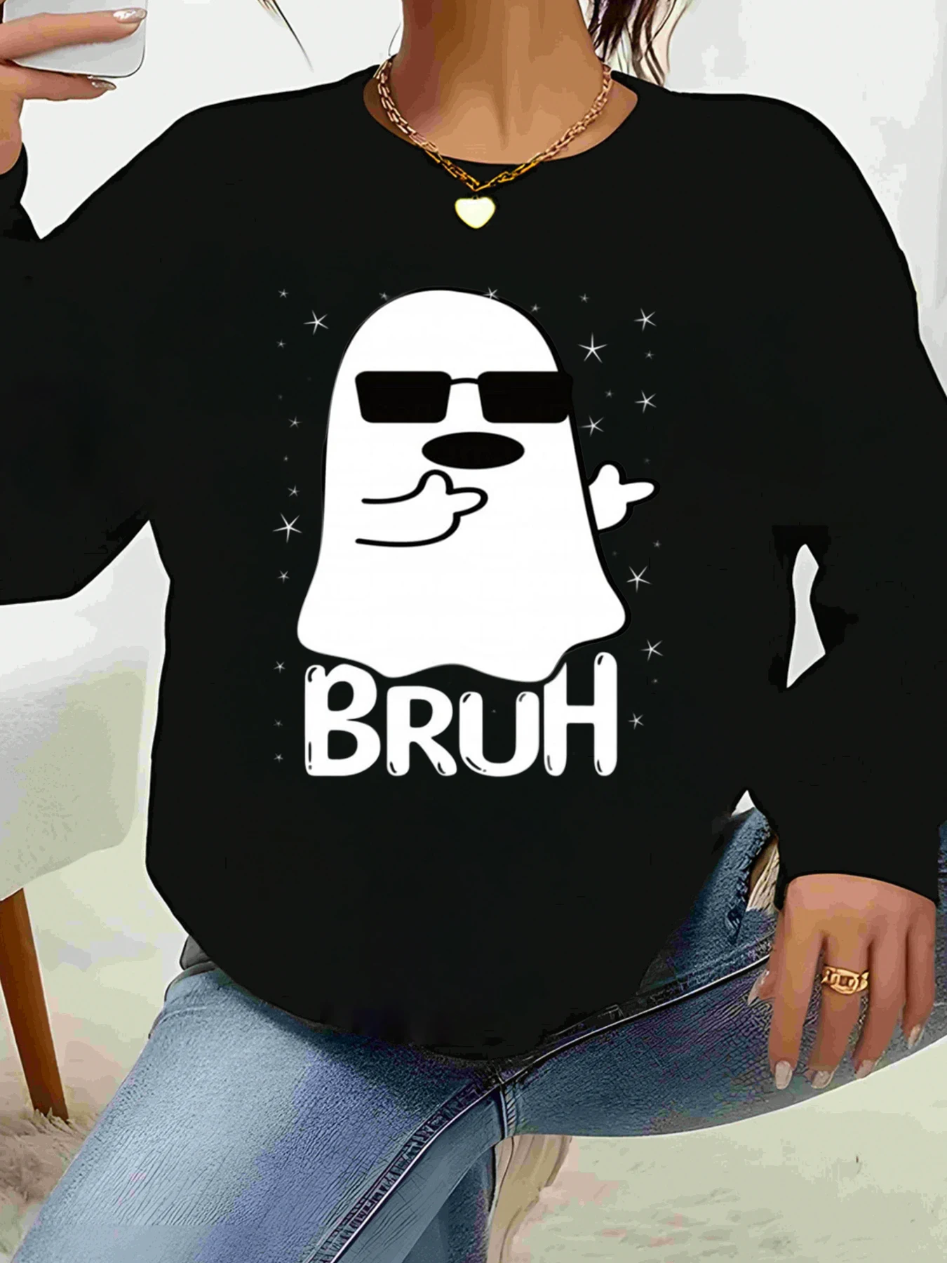 

Призрак с солнцезащитными очками и текстом Bruh. Топ с длинными рукавами на Хэллоуин. Повседневная одежда для женщин.