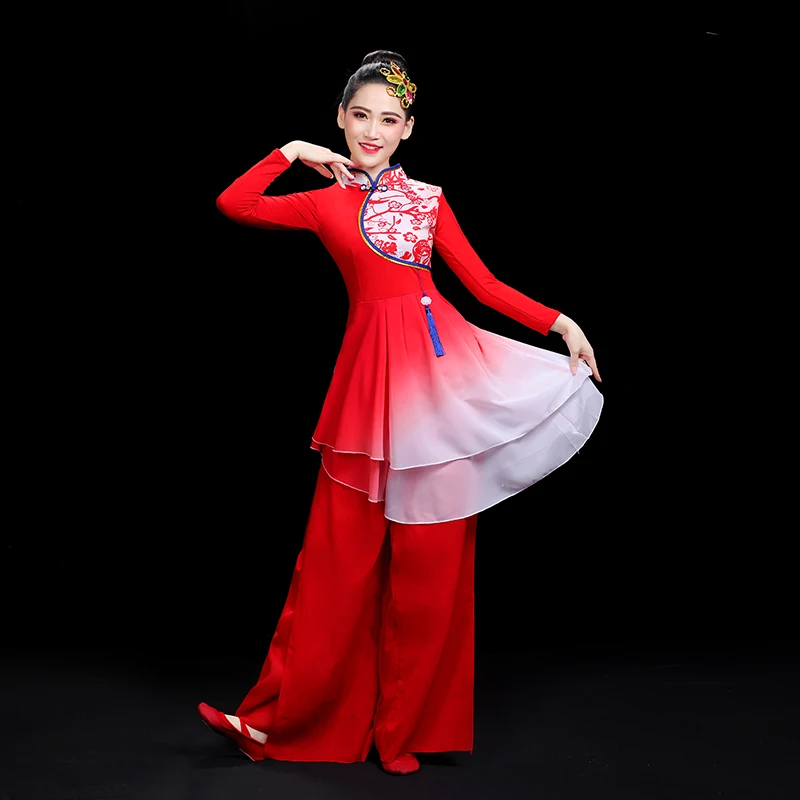 Traje de dança yangko para mulheres, roupa de dança chinesa, manga longa, roupa hanfu, roupa elegante de dança quadrada, vermelho, 3XL