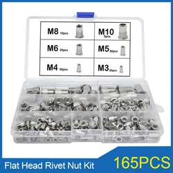 165PCS 304 Stainless Steel Flat Head Vertical Threaded Riveted Nuts Kit M3 M4 M5 M6 M8 M10 Insert Nutsert Cap Rivet Nut