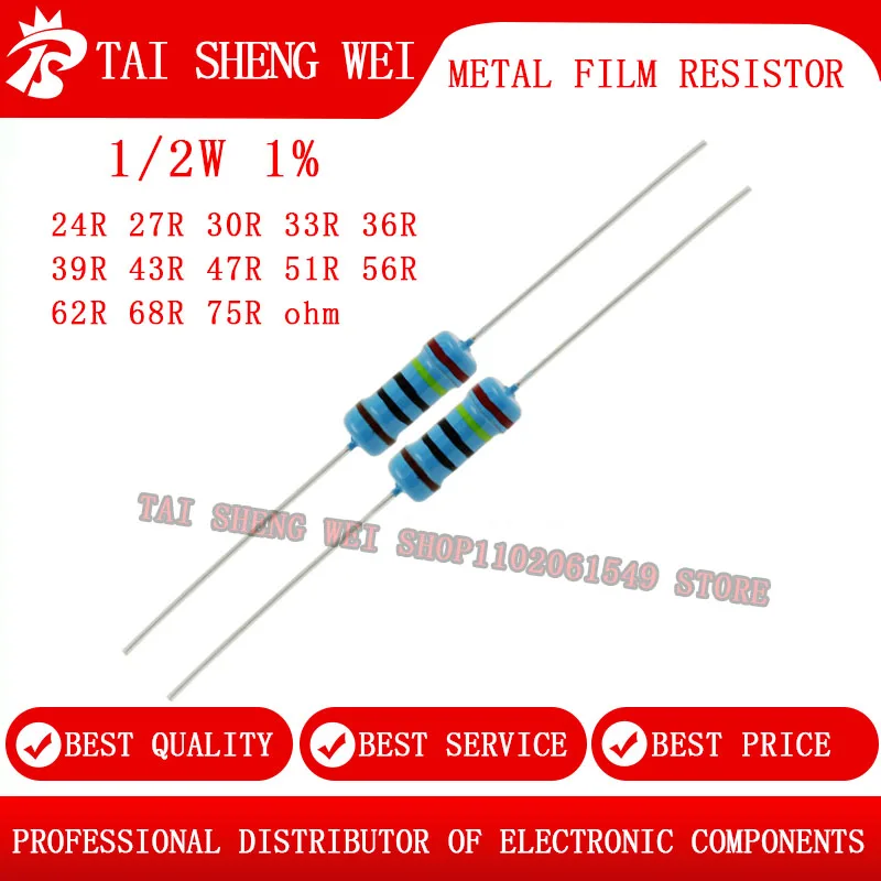 

50pcs 1/2W 1% Metal film resistor 24R 24 ohm 27R 30R 30 ohm 33R 36R 39R 43R 43ohm 47R ohm 51R 51ohm 56R 56ohm 62R 68R 75R 75 ohm