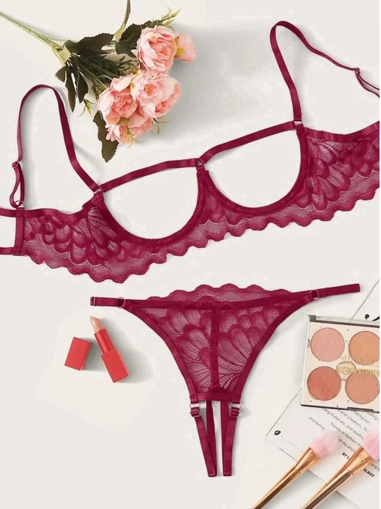 Women Underwear Set Open Breast Steel Ring Bra Open Crotch Panties G-string Lac… - Image 3