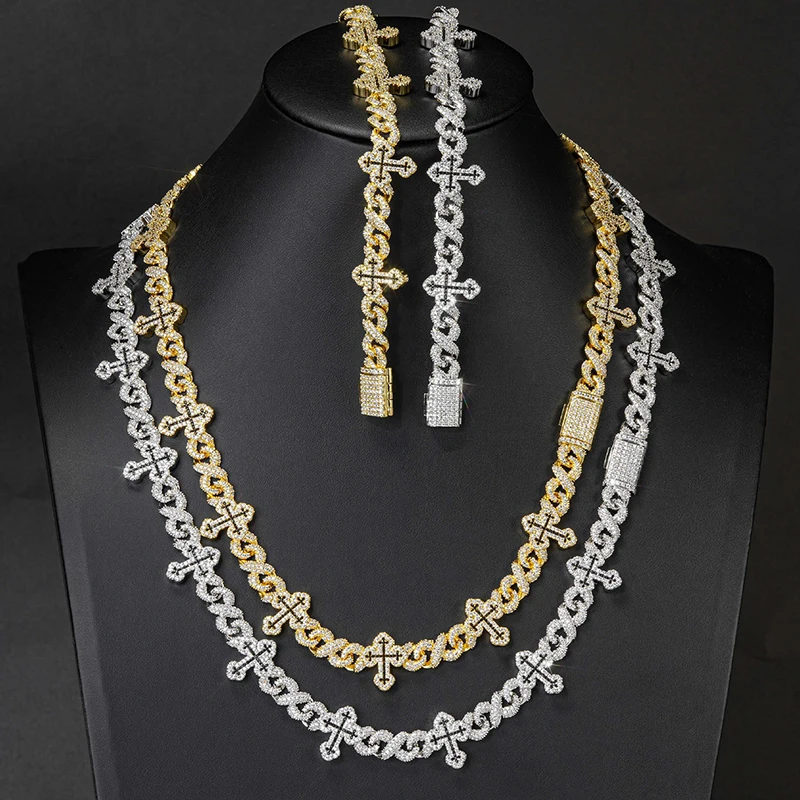 Hip Hop 5A+ CZ Stone Bling Iced Out Infinity Cross Link Chain Necklace for Men Rapper Jewelry Gold Silver Color