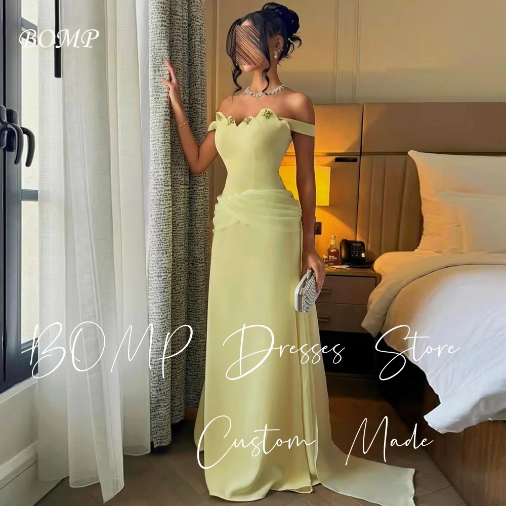 

BOMP Elegant Yellow Beads Evening Dress Off Shoulder Pleat Sweep Train Chiffon Special Occasion Party Gown Custom Saudi Arabic