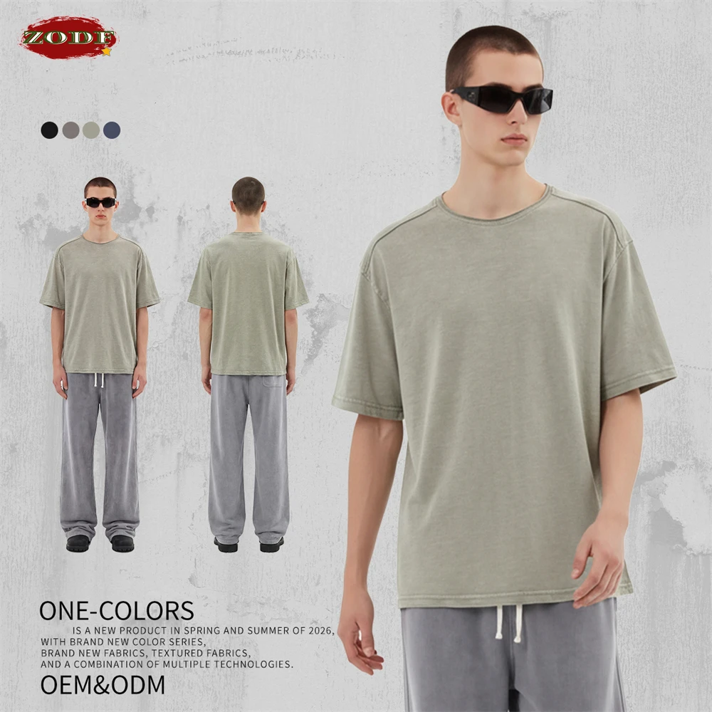 ZODF Retro Man 245gsm Fire Snowflake Washed Slub Cotton T-Shirts Unisex Summer Patchwork Distressed Comfortable T Shirt HY1246