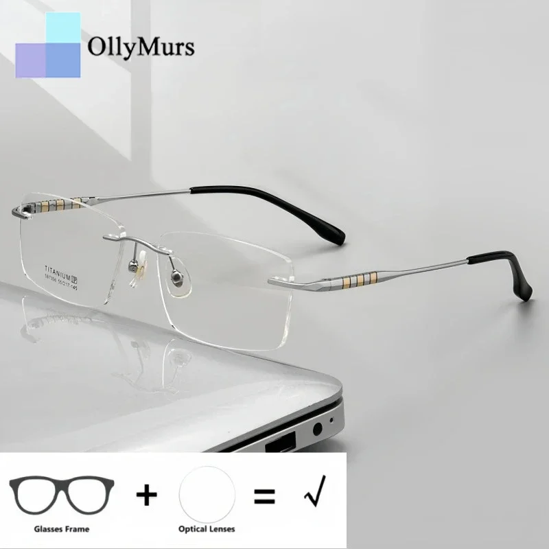 

OLLYMURS Men Optical Prescription Rimless Glasses Blue Light Blocking Photochromic Anti-Reflective Anti-Scratch Recipe Eyewear