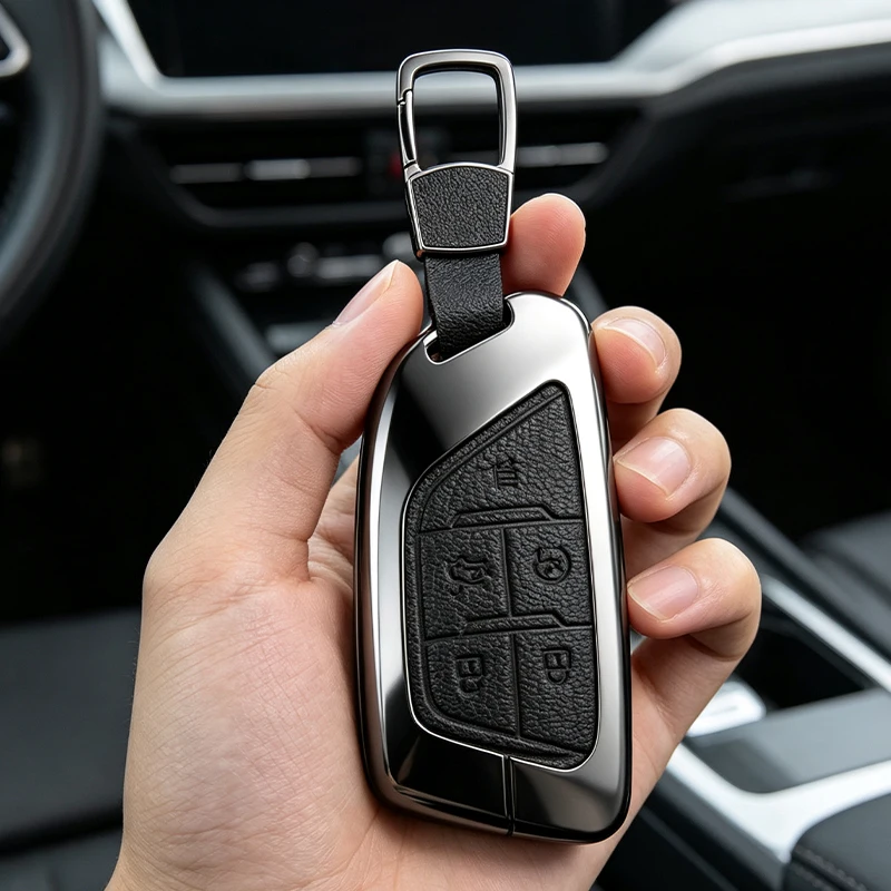 5 Buttons Car Key Case Cover Holder For Cadillac CT4 CT5 CT4-V C8 Corvette 2020 2021 Escalade Zinc Alloy Leather Shell