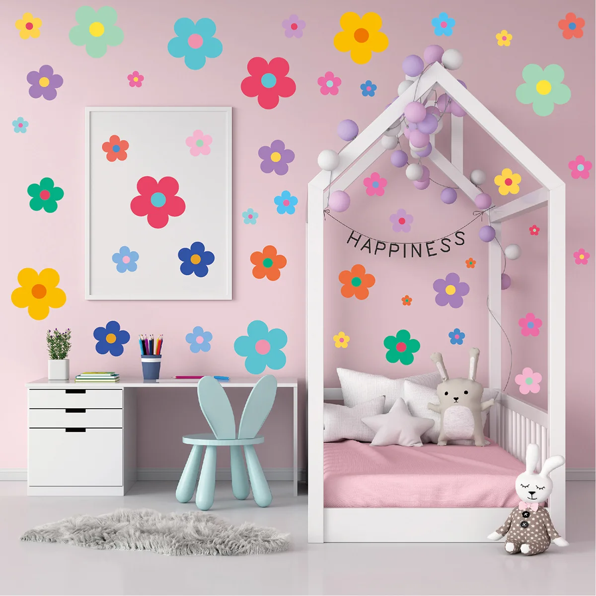 Colorful Fantasy Flower Wall Decals – Self-Adhesive, Contemporary Style, Multi-Surface Home Decor