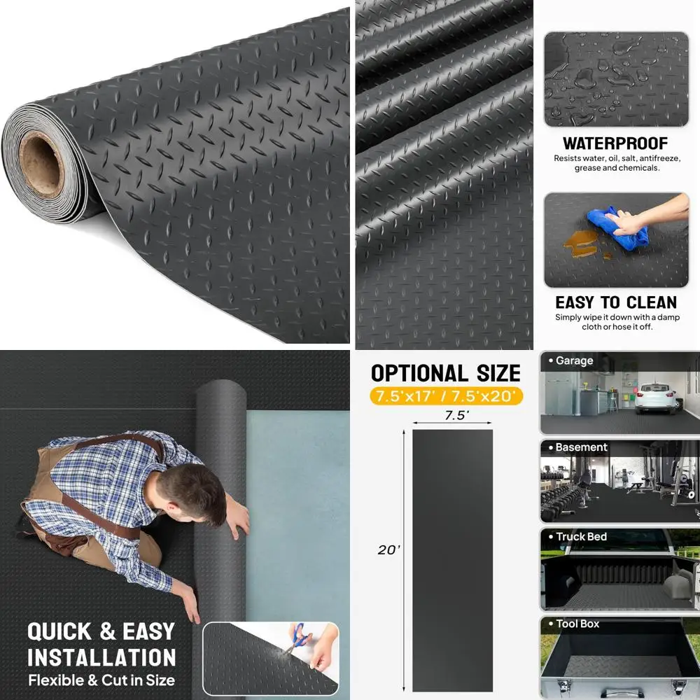 Tappetino per garage in PVC con piastra diamantata addensata, 7,5 x 20 piedi, rotolo per pavimenti resistente per riporre auto e parcheggio