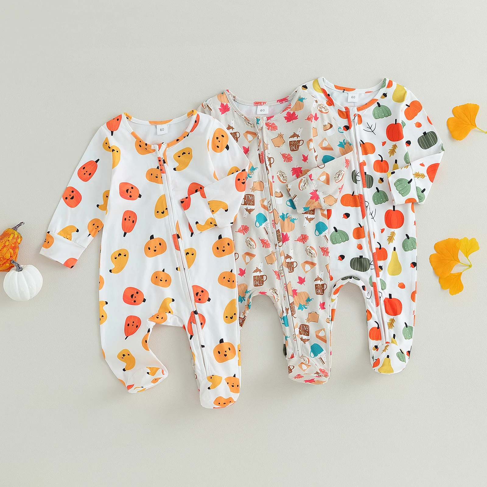 

Baby Girls Boys Footed Pajamas Halloween Fruits Pumpkin Print Long Sleeve Romper Diagonal Zipper Jumpsuits for Newborn Infant