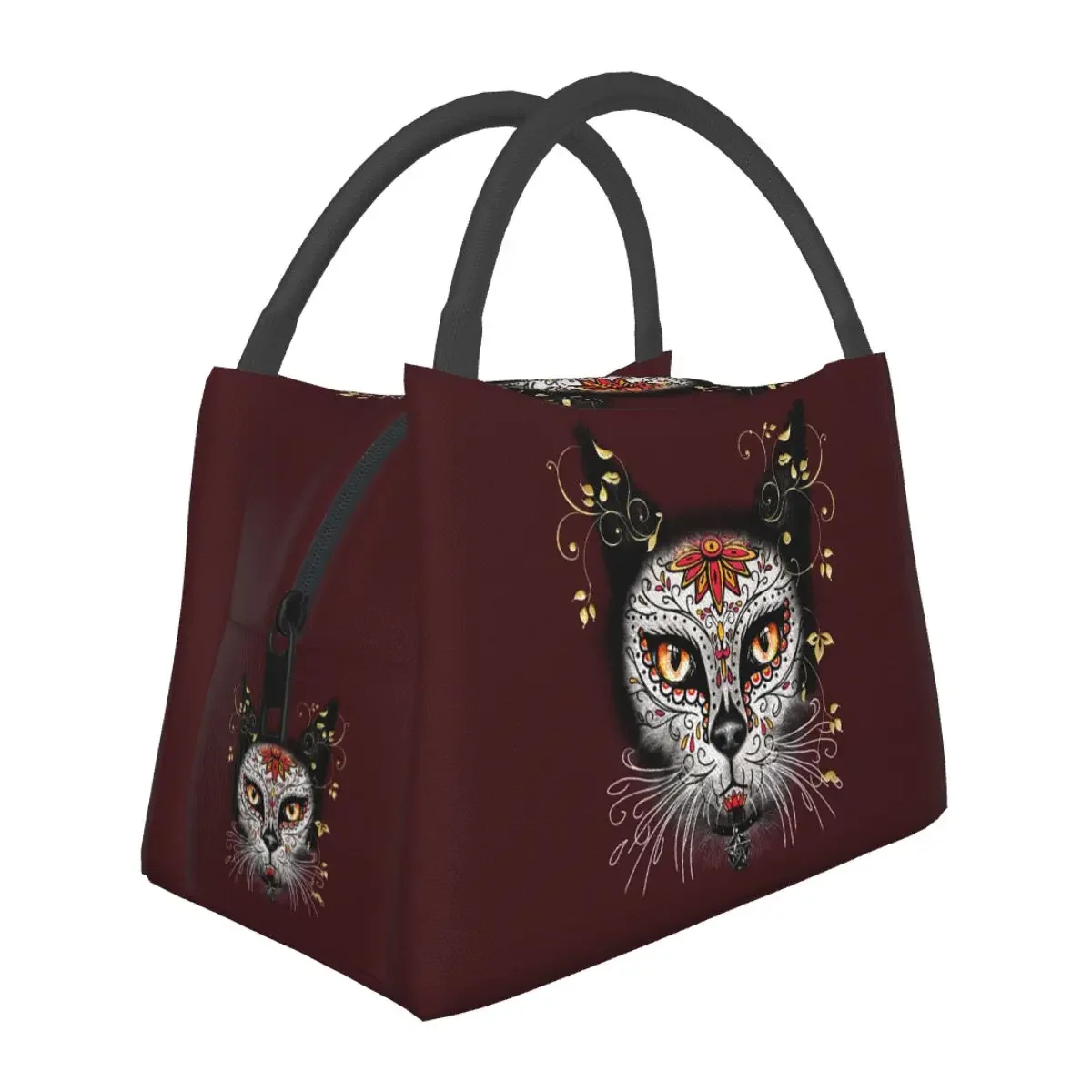 يوم الموتى هريرة القط السكر الجمجمة المكسيكي هالوين الأزهار أكياس الغداء معزول بينتو صندوق أكياس نزهة قابلة لإعادة الاستخدام حقيبة حرارية