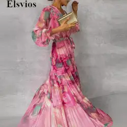 New Women Printed Office Long Dress Lady Elegant V-Neck Loose A-line Dress Summer 2024 Temperament Long Sleeve Hem Belt Dress