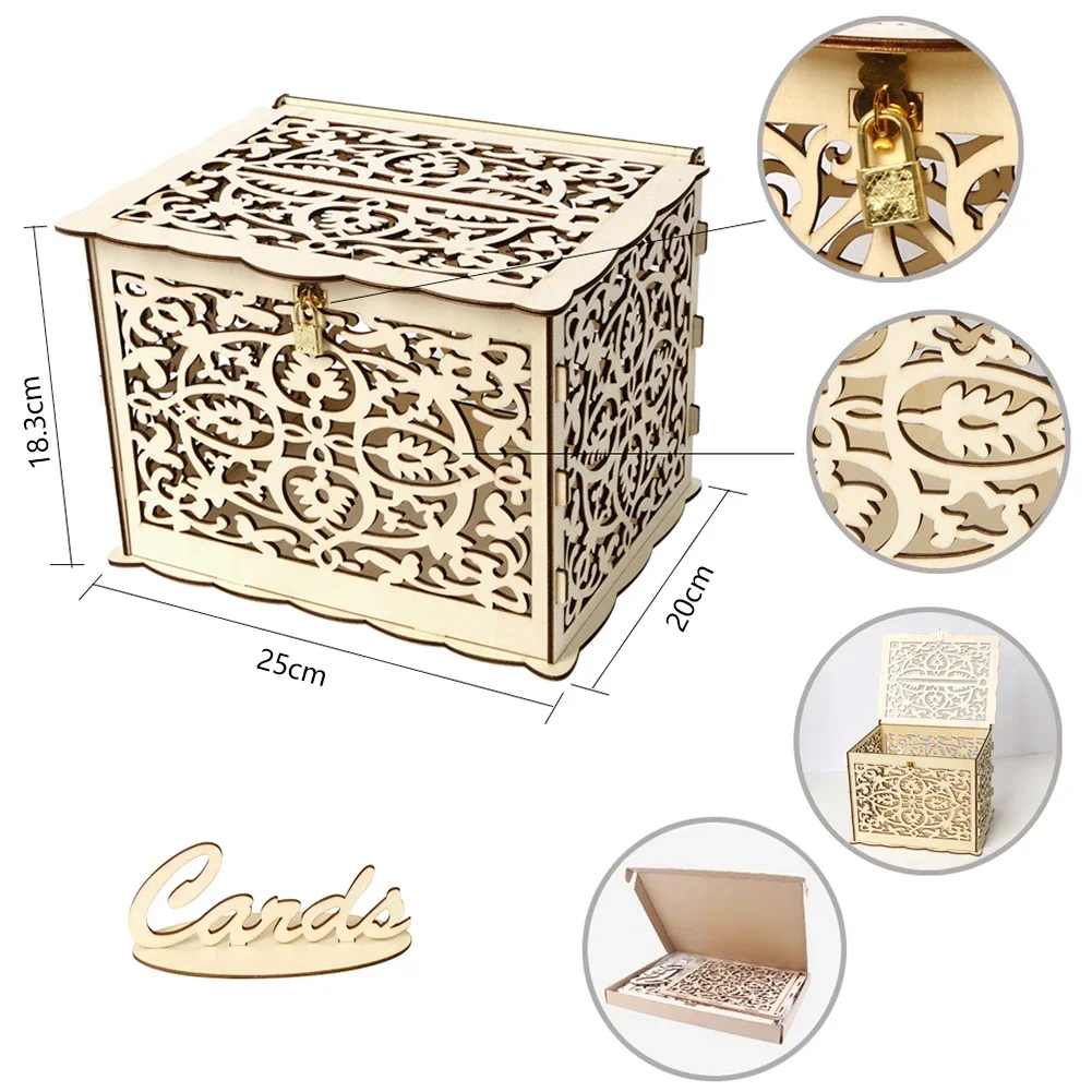 Wooden Wedding Card Box Wedding Decoration Supplies DIY Mr&Mrs Couple Flower Pattern Envelope Sign Cards Wood Box — zdjęcie 7