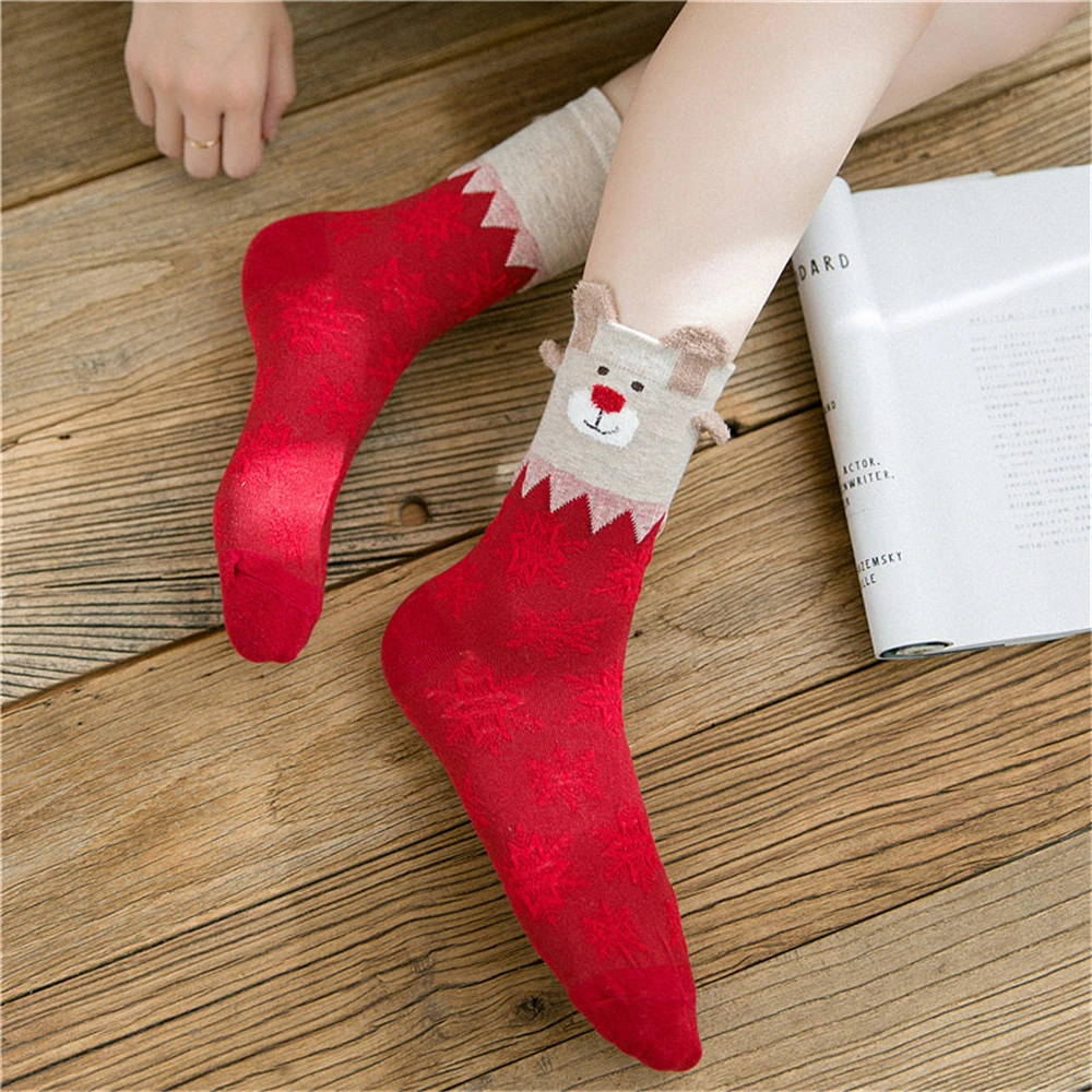 New Women's Cute Thermal Christmas Tree Santa Claus Elk Snowman Girls' Xmas Gift Socks Winter Warm Soft Red Sokken Dropship