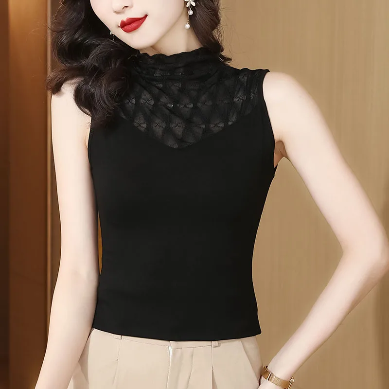 Summer Charming Lace Tank Tops Splicing Elegant Knitted Woman All-match Casual Sleeveless Female Half-turtleneck M-3XL