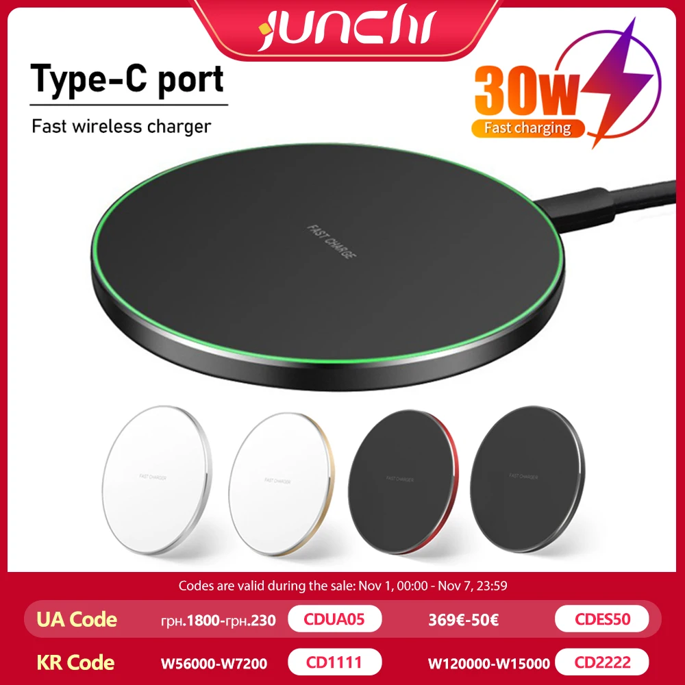 30W Wireless Charger Pad For iPhone 16 13 14 15 Pro Max LED Light Desktop Fast Wireless Charging Station For Samsung Xiaomi