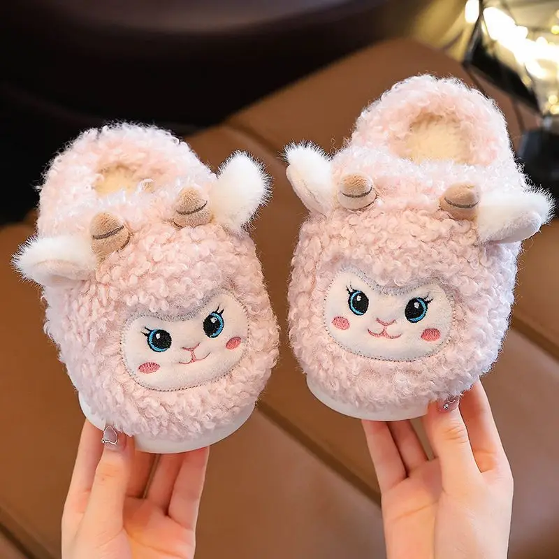 Kids'Slippers Plush Cartoon Solid Color Winter Shoes For Children Anti-slip Thick Bottom Home Slipper Pink Blue Size 24-37