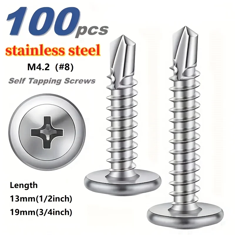 100 Stück M4,2 ( # 8) Bohrschrauben, Edelstahl 410, für die Metall- und Holzverkleidung, Bau, Produktion und Wartung