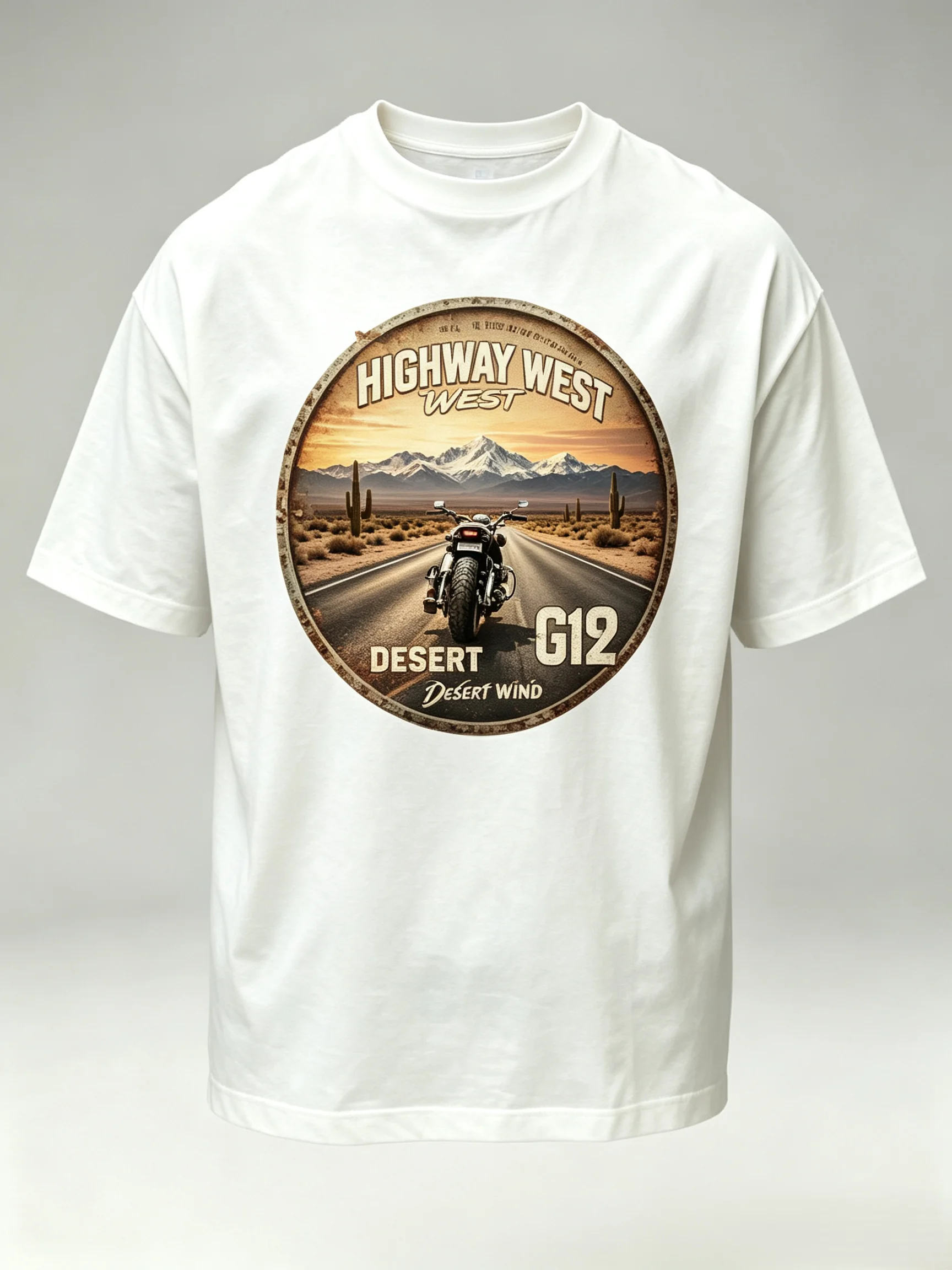 Unisex Vintage Highway West Desert Highway Motorcycle Front Print T Shirt Men Women Oversized Rust Round Metal Badge Biker Graphic Tee Retro Desert Motorbike Streetwear Cotton Tops