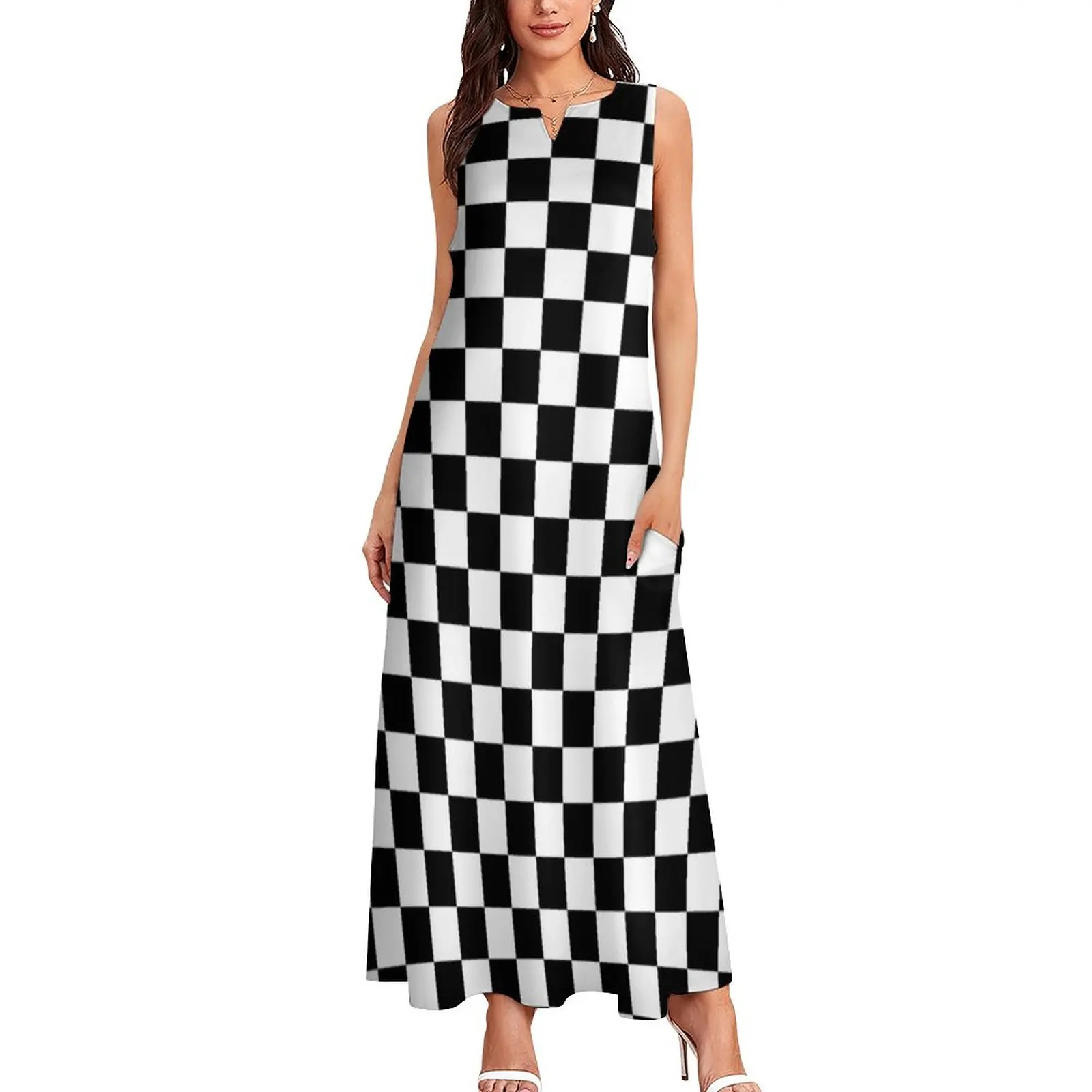 Black Checkerboard Dress Classic Black and White Checker Vintage Maxi Dress Aesthetic Boho Beach Long Dresses Print Big Size 4XL