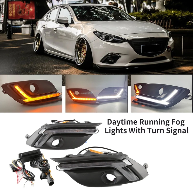 Car LED DRL Daytime Running Fog Lights With Turn Signal For Mazda 3 Axela 2017-2020