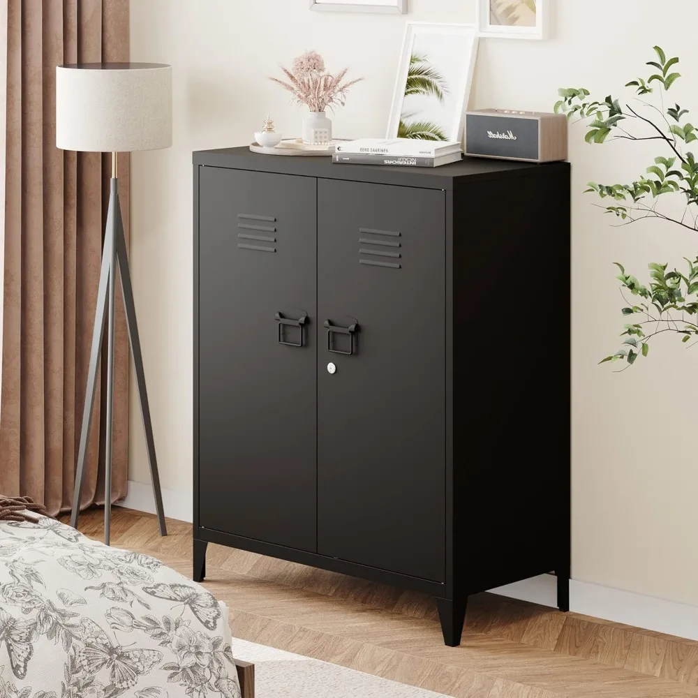 

Metal Storage Cabinet with Lock, Locking Cabinets with 2 Doors and Shelves, Lockable Steel Locker Cupboard