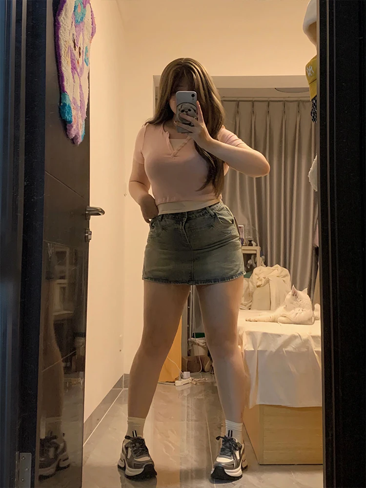 

High Waist A-Line Skirt for Women Denim ort Skirt Slimming Large Size Commuter Sle Korean Version