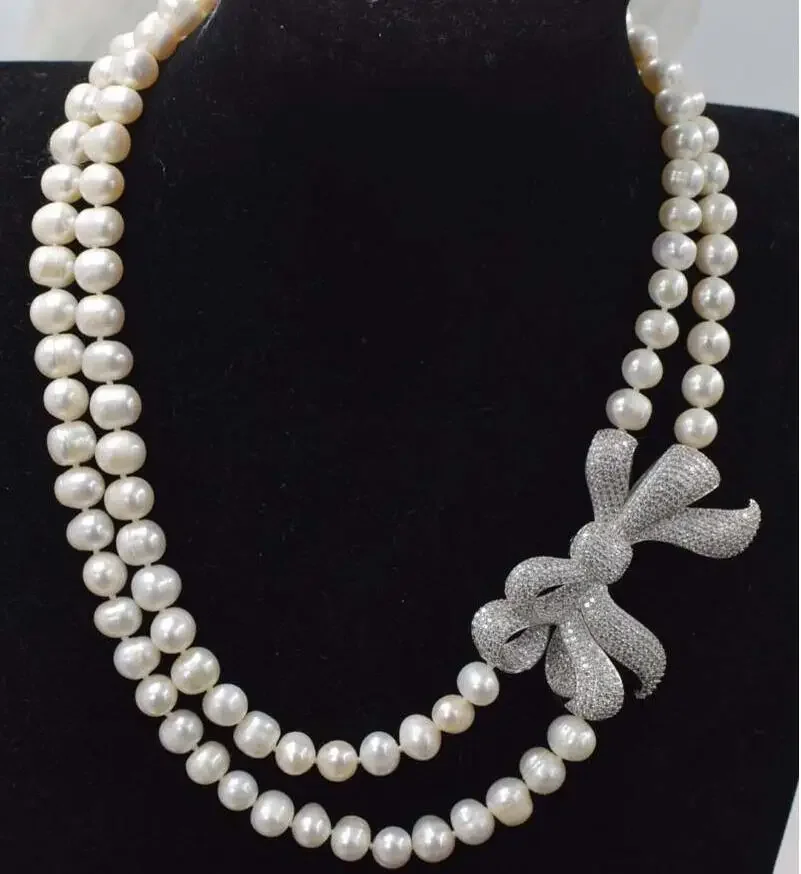 2rows freshwater pearl white near round 8-9mm necklace 17-18inch  wholesale beads nature