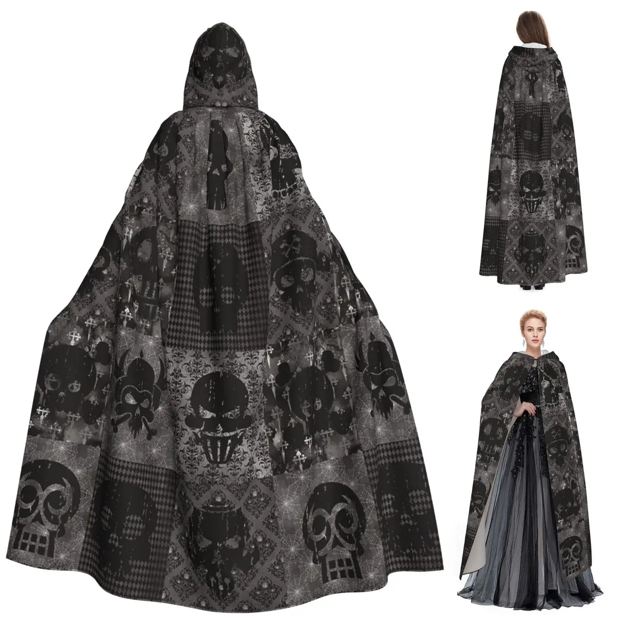 

Halloween Skeleton Skull Collage Long Hooded Cloak Witch Medieval Costume Cosplay Cape HalloweenVampire Adult Unisex
