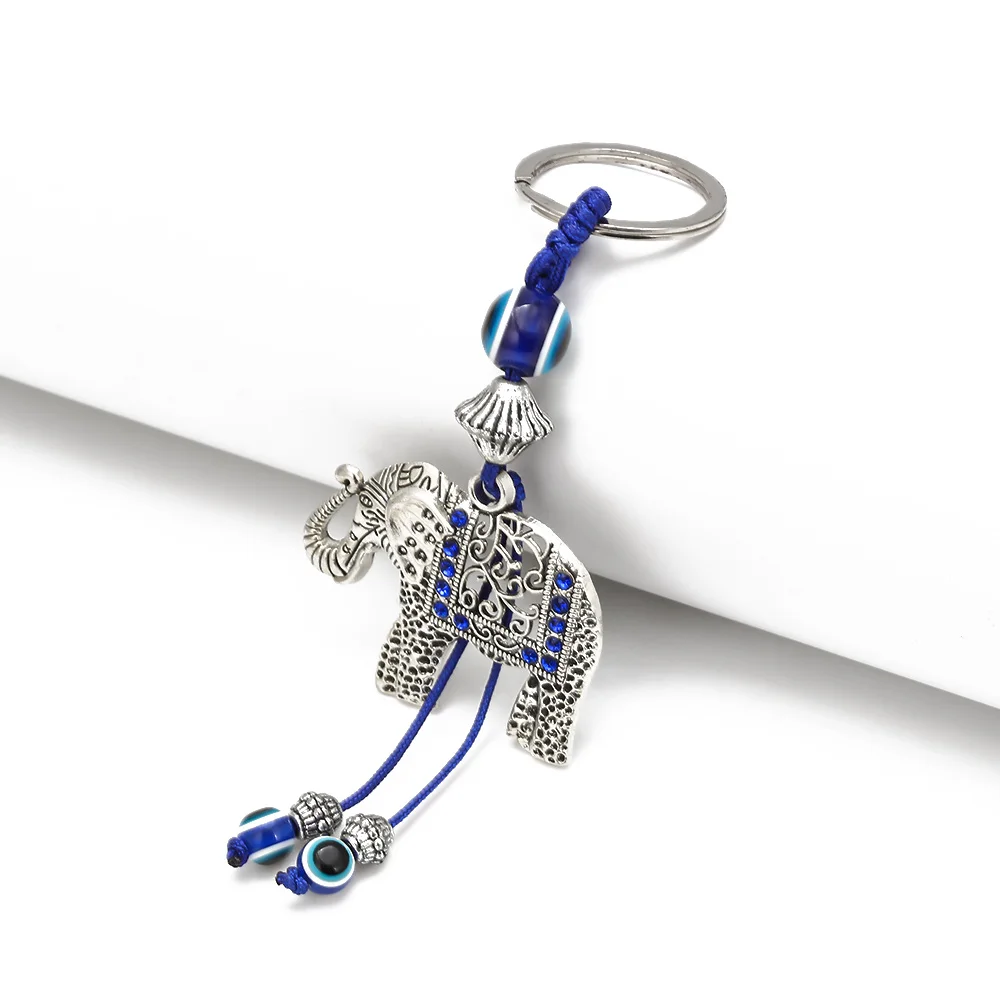 Lucky Eye Alloy Elephant Keychain Blue Turkish Evil Eye Bead Key Chain Women Men Bag Car Keyring llavero porte clé מחזיק מפתחות