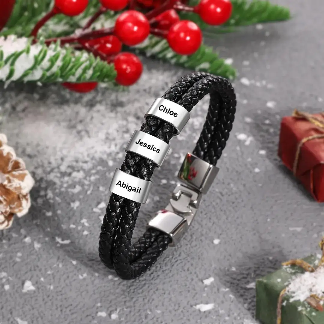 مجموعة أساور جلدية مضفرة شخصية مع صندوق هدايا-سوار رجالي مخصص محفور له سوار رجالي محفور له #4