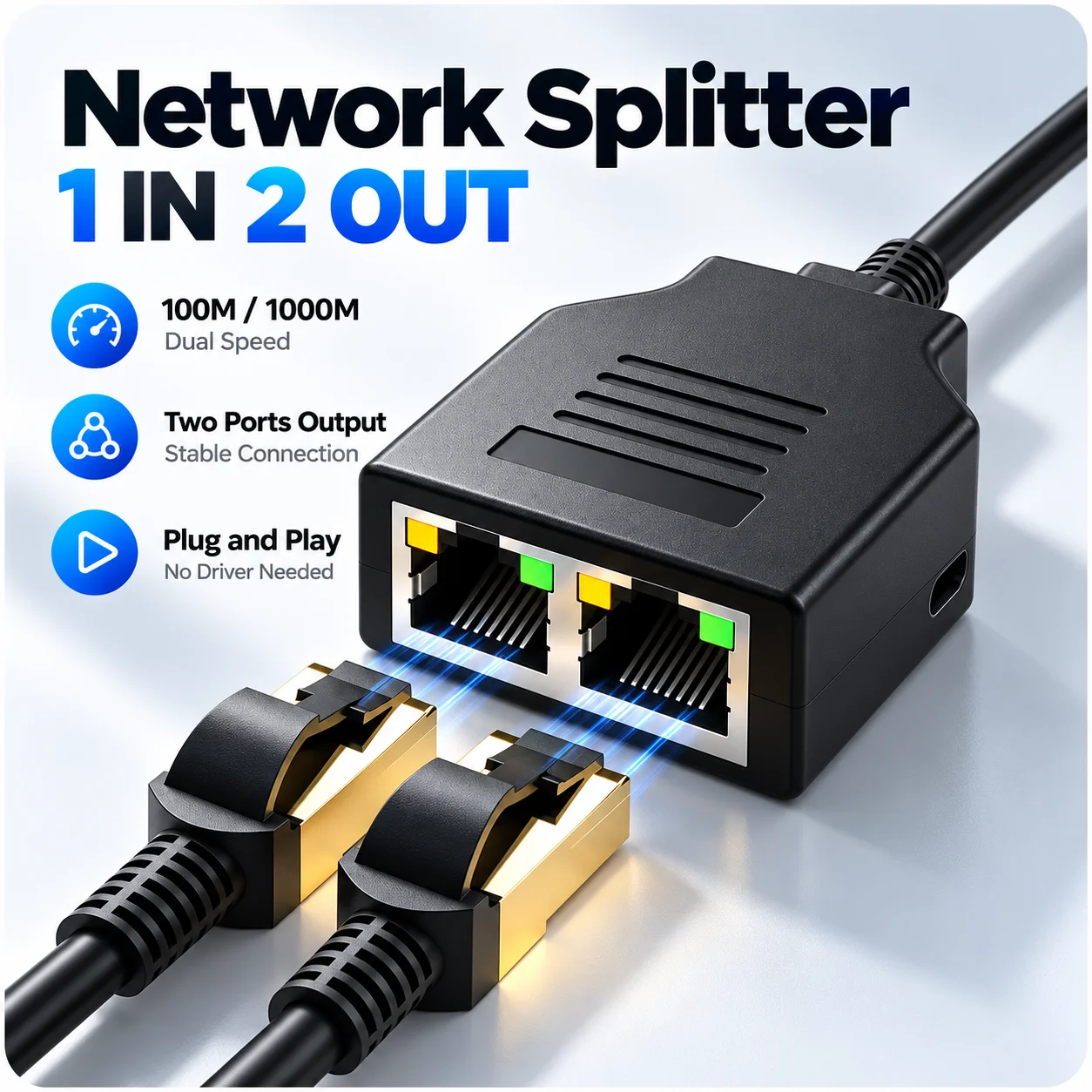 1 In 2 Out RJ45 Ethernet Splitter With USB-C Power Supply 100Mbps LAN Network Connector Adapter for Cat5 5e Cat6