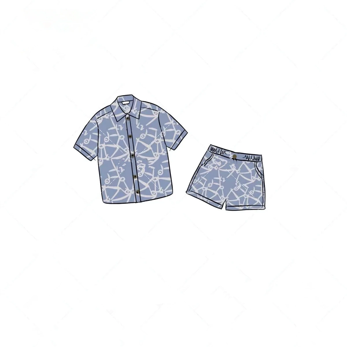 

Summer new children's full print letters washed corrugated denim shirt and shorts set