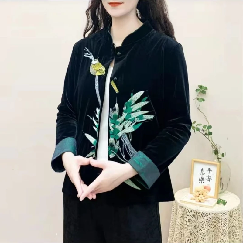 

Spring Fall Women Chinese Style Vintage Stand Collar Embroidery Bird Patchwork Black Velvet Coat , Woman Clothing Velour Coats