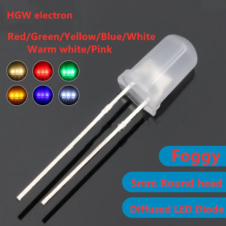 100Pcs F5 Warm White Red Blue Green Yellow White 5mm Round Diffused 2pin DIY Light Emitting Diodes LED Light Diode LED Lamp Bulb