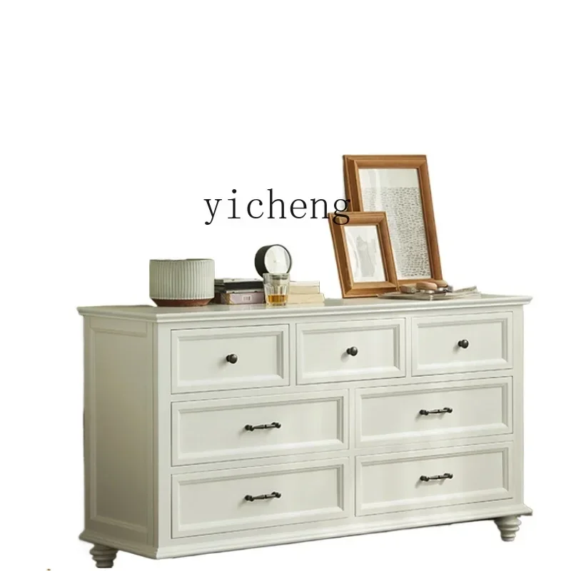 

ZF Simple Walnut Wood Solid Wood Long Chest of Drawers Bedroom White Cream Style 7-Drawer Cabinet Storage