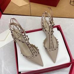 Luxury High Quality Pointed Toe Rivet Sandals 2025 Summer Genuine Leather Square Heels Women's Shoes Elegant Fashion Woman Shoes