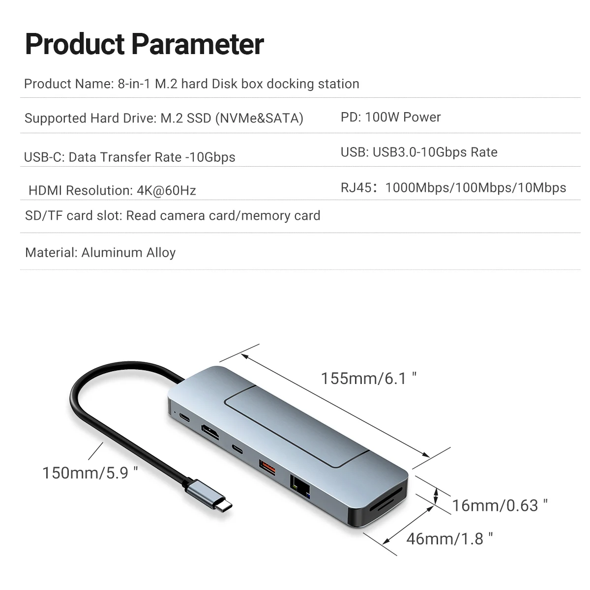 8 in 1 USB-C Hub&M.2 SSD Enclosure Support NVME&SATA ,With 4K HD,PD 100W,USB 3.0, RJ45 1000M,SD/TF Reader for Laptops Mac HP