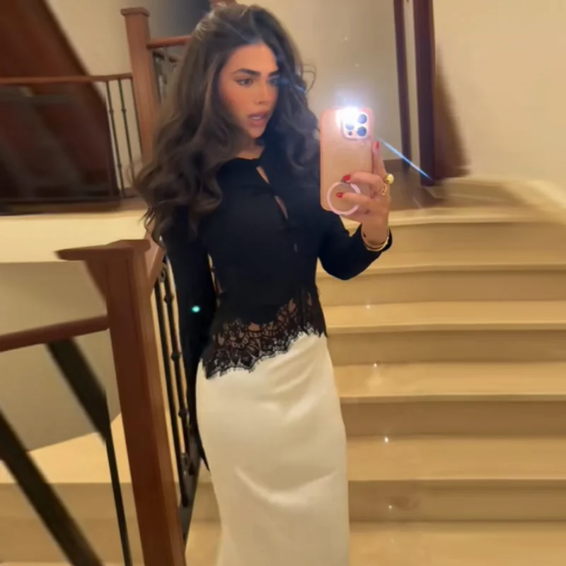 Robe maxi élégante et chic en dentelle et satin, sexy, avec découpe sur le devant, manches longues, amincissante, Vestido 2026, pour soirée, rendez-vous, vêtements pour femmes