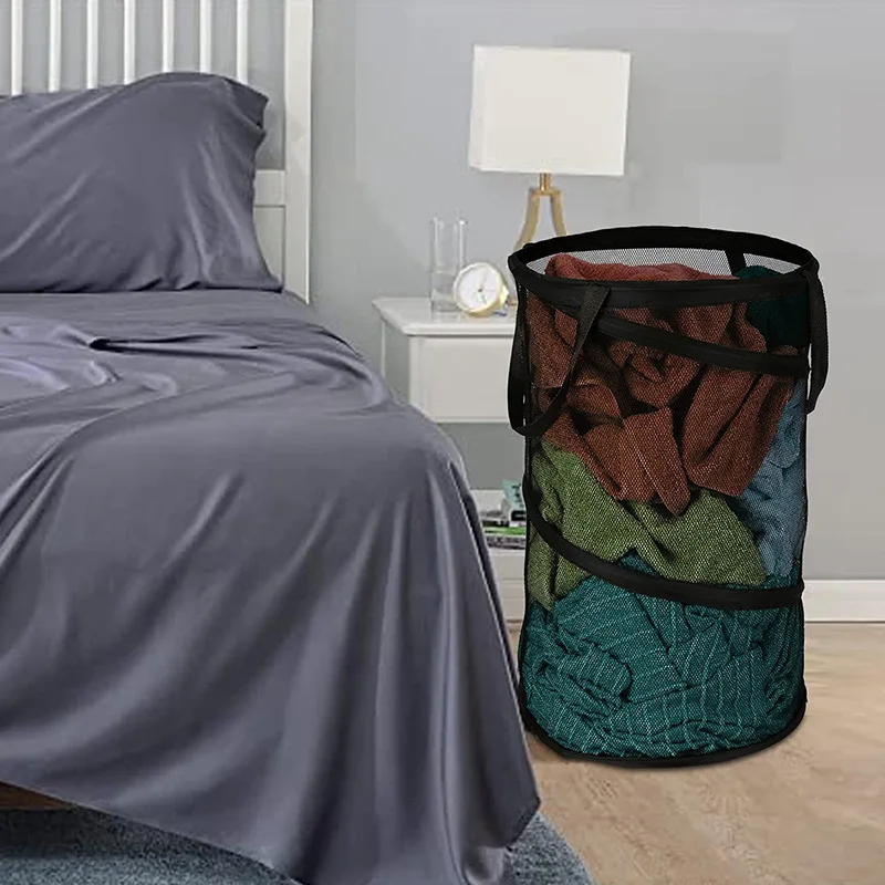 Large Cylindrical Laundry Hamper Breathable Mesh Dirty Clothes Basket For Bathroom Home Storage