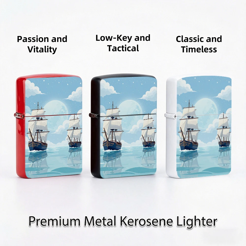 Ocean Art Style lighters vintage Flip Top Lighter, Old Sailing Ships Full Moon Sea Reflection Art Print lighters for smokers For