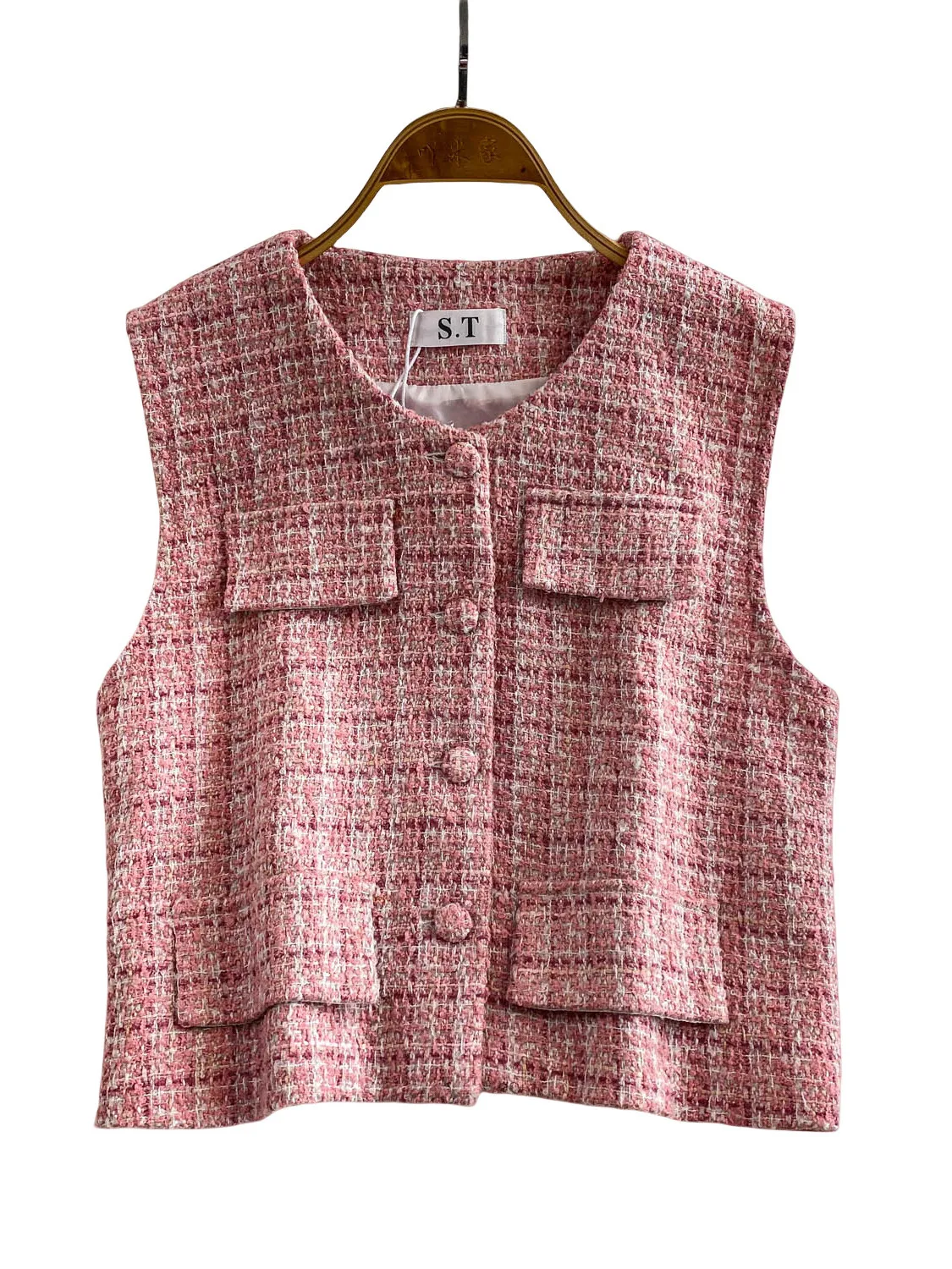 

Slim Fit round Ne Vest Women's Cheered irt Single Button Coarse Tweed Summer Tank Top Commute Sle Faion Ladies' Vest