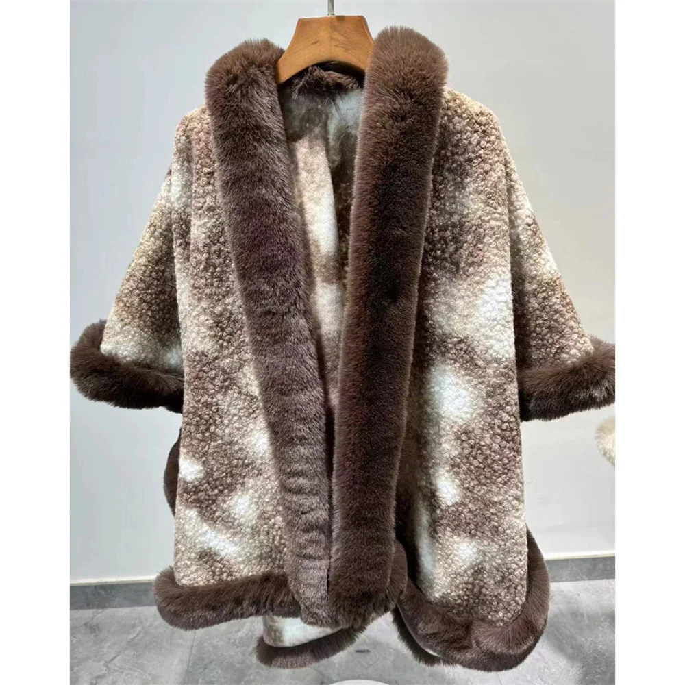 2024 Winter Women Long Faux Fur Collar Granular Velvet Poncho Cape Thick Cardigan Overcoat Loose Shawl Cloak Bat Type Streetwear