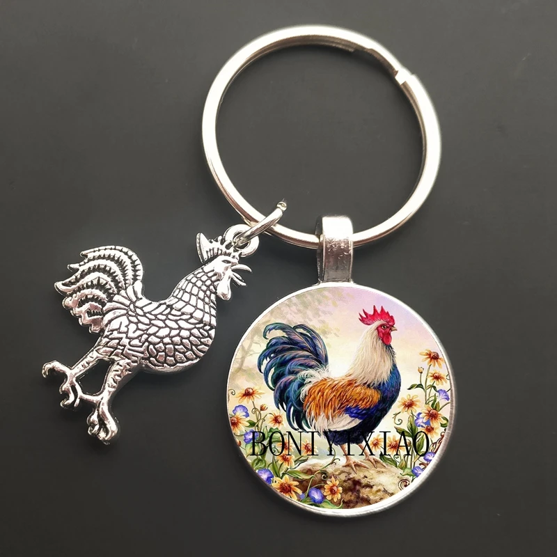 Floral Chicken Rooster Glass Cabochon Keychain Cute Chicken Glass Key Ring Lovely Animal Cock Purse Bag Key Holder for Women