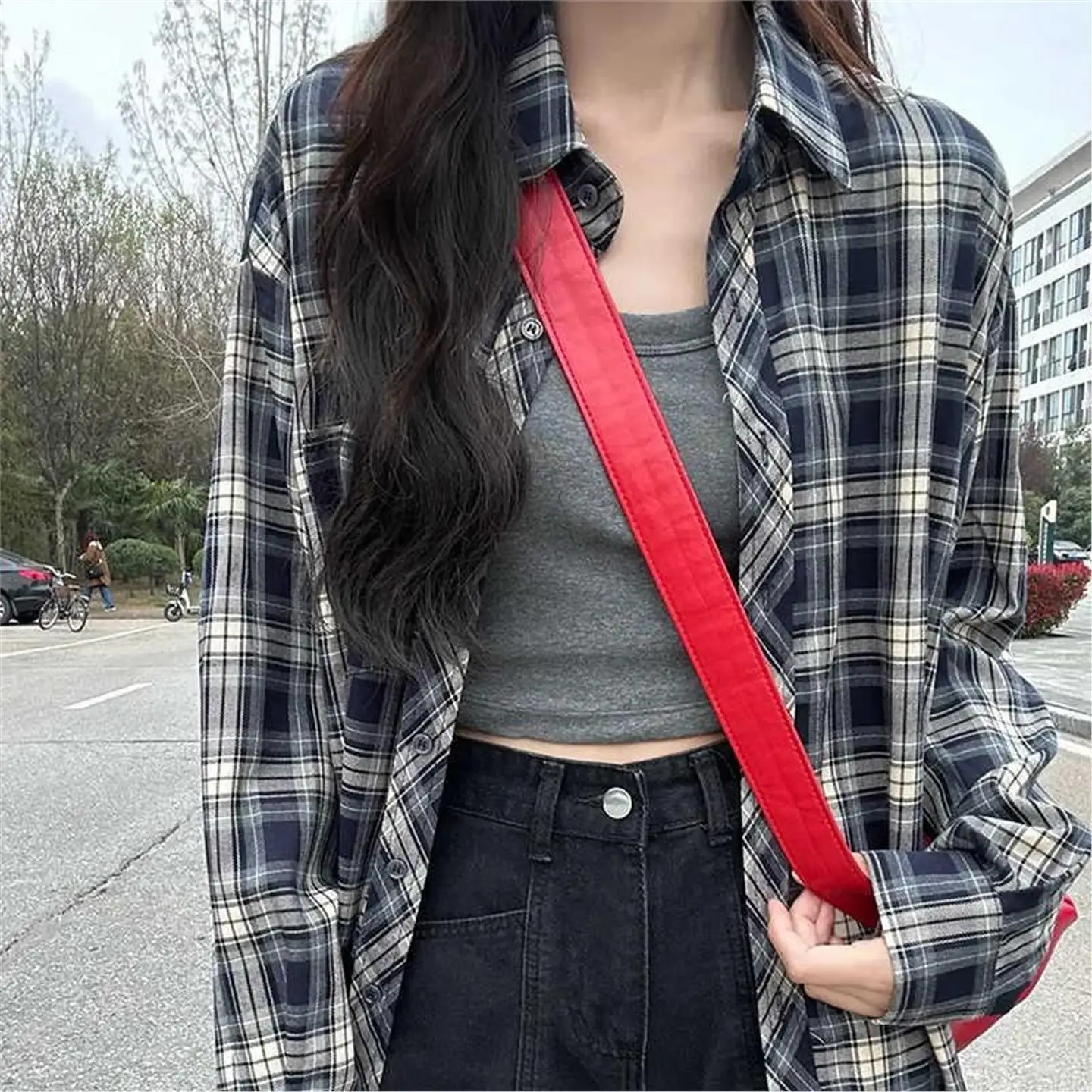 

Spring Autumn Thin Long Sleeve Women's Shirt Style Outerwear Casual Loose Fit Collar Button down Checkered Top