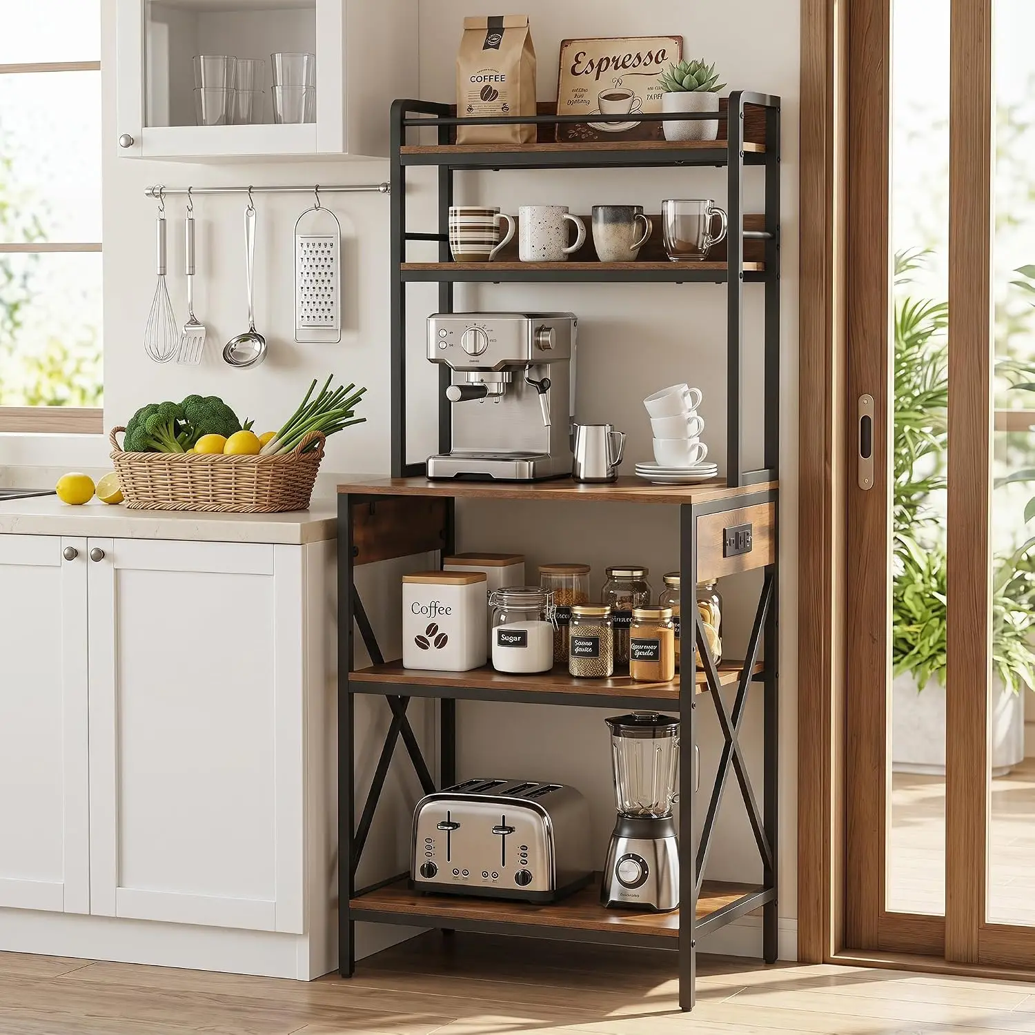 4-Tier Kitchen Baker Rack Microwave Stand Shelf with Power Outlets & Hutch, Customized