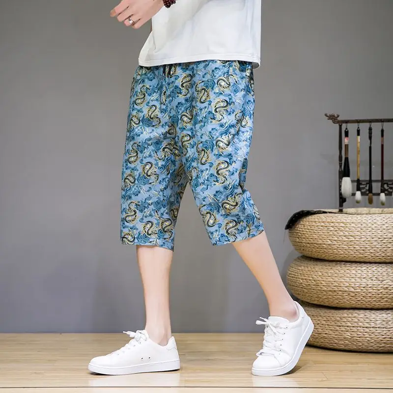 Simplicity Chinese Style Summer Men\'s Elastic Waist Printing Pocket Trend Versatile Loose Straight Wide Leg Calf Length Shorts