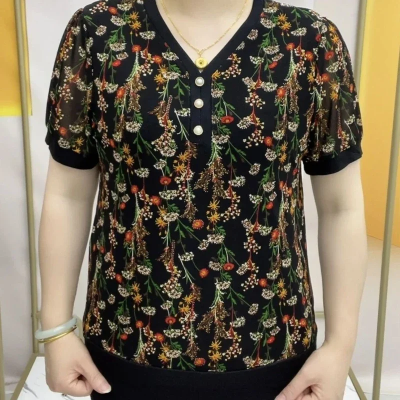 Summer Elderly Women's Casual Fashion Simple Floral Short Sleeve T-shirt Printed Buttons Loose Versatile Elastic V-neck Thin Top